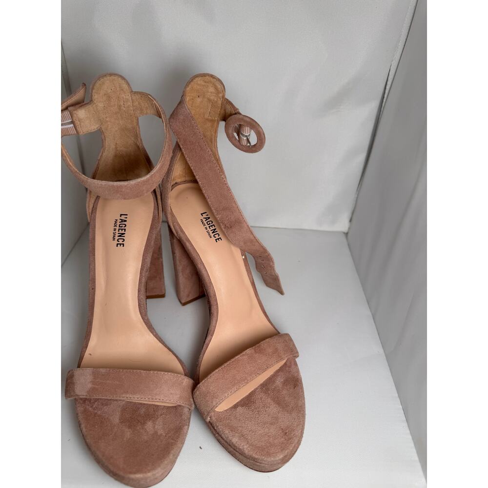L’AGENCE Cecile Platform Sandals Tan Suede Heels Minimalist Neutral EU 38 US 8 - Picture 3 of 7